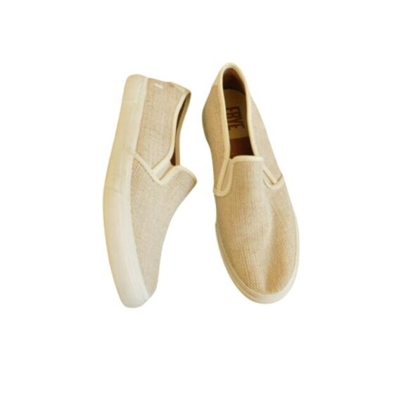 Frye Size 9.5 Canvas Upper Slip On Leather Flats Shoes - Picture 1 of 4